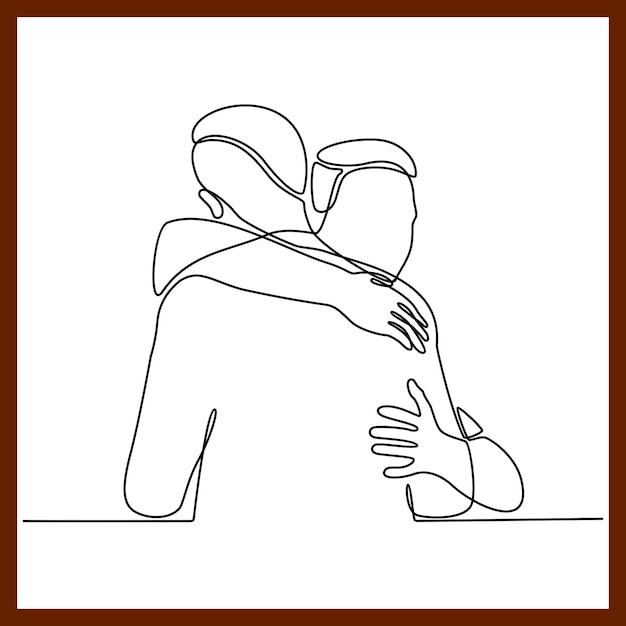 Desenho de linha contínua de duas pessoas se abraçando dois jovens se abraçam