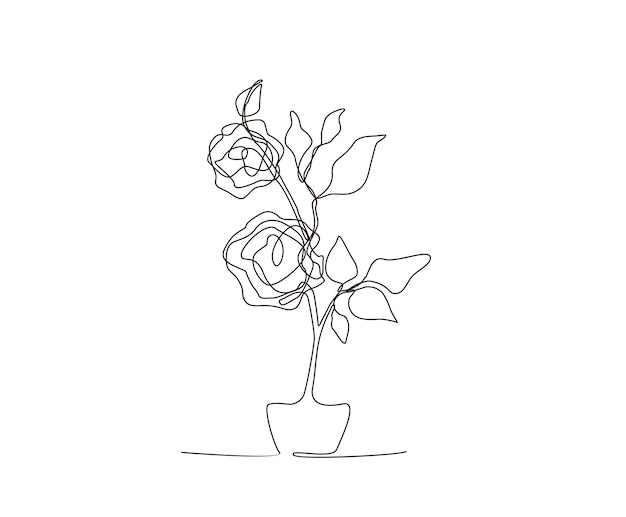 Desenho de linha contínua de flor de rosa no pote design abstrato de arte de rosa única