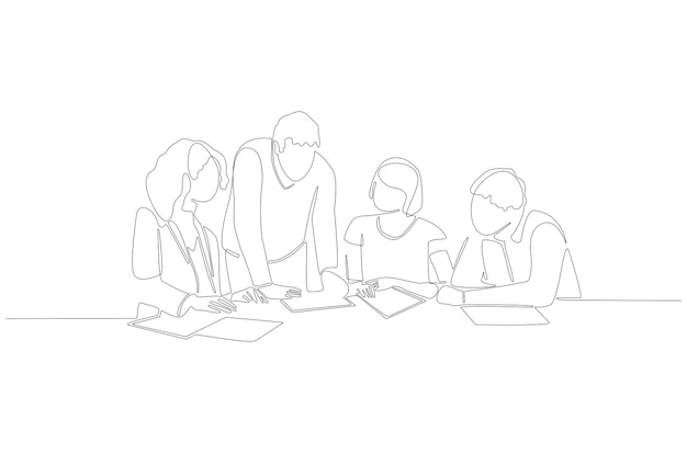 Desenho de linha contínua de grupo de pessoas no trabalho, reunião de ilustração vetorial vetor premium