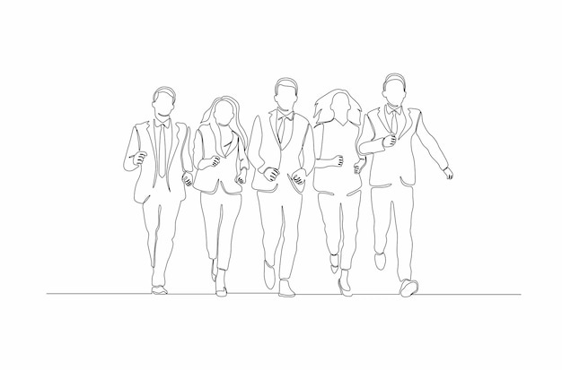 Desenho de linha contínua de homens e mulheres caminhando na ilustração vetorial de união premium vector