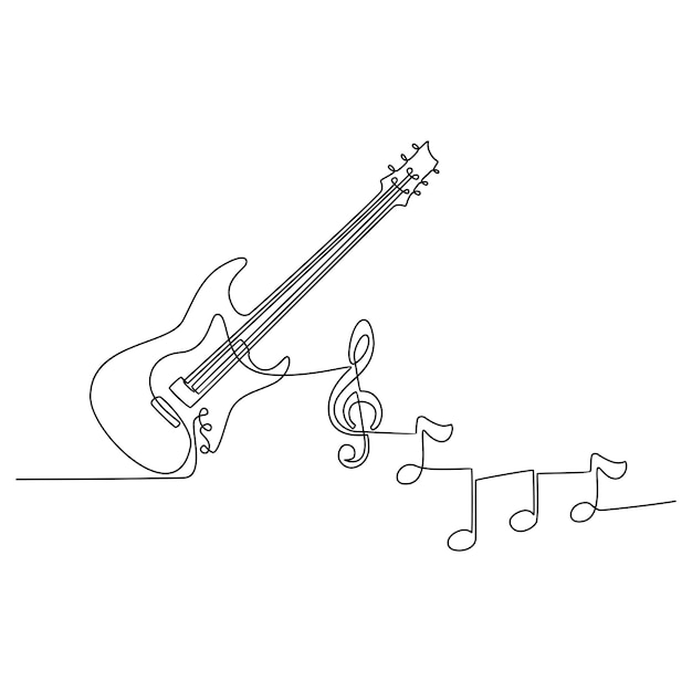 Desenho de linha contínua de instrumento musical de guitarra elétrica com vetor de notas de instrumento