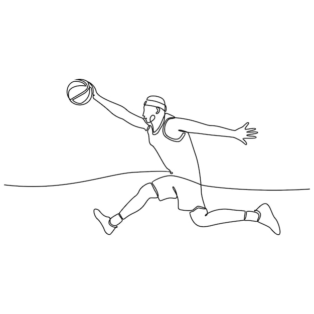 Desenho de linha contínua de jogador de basquete profissional masculino isolado com conceito de aptidão de bola