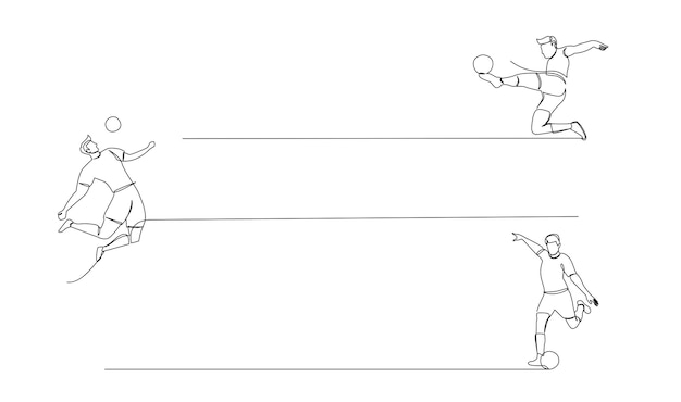 Vetor desenho de linha contínua de jogador de futebol pulando e voando para chutar a bola arte de uma linha única de jovem jogando bola de futebal