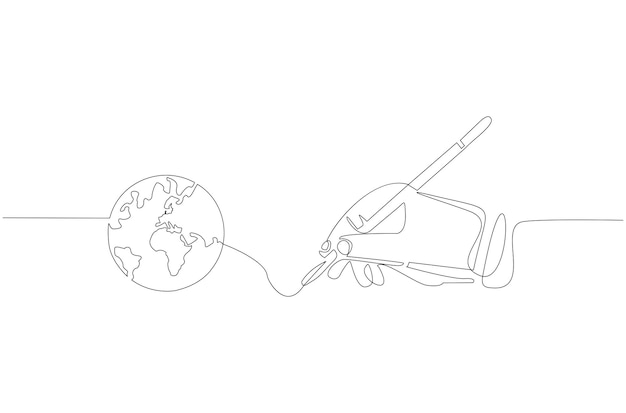 Desenho de linha contínua de mão segurando a caneta para desenhar uma ilustração vetorial de globo vetor premium