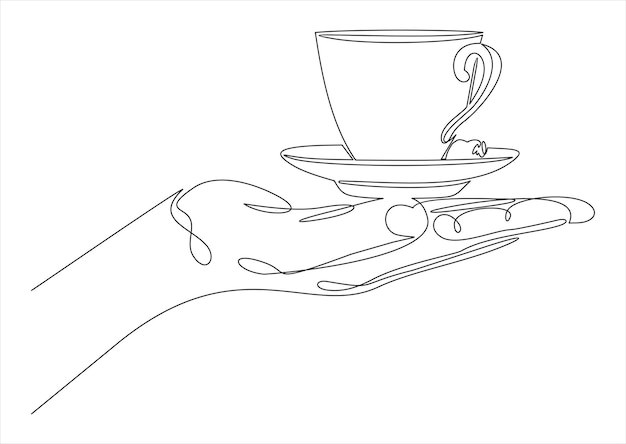 Desenho de linha contínua de mão segurando a xícara de café