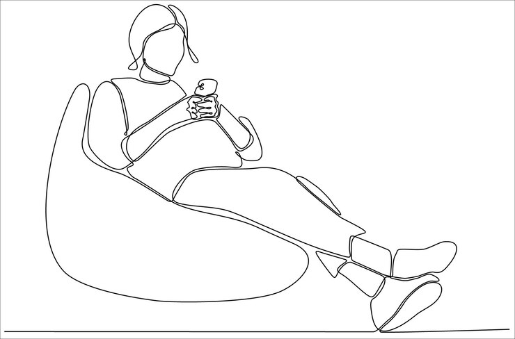 Vetor desenho de linha contínua de mulher segurando e olhando para o vetor de celular premium