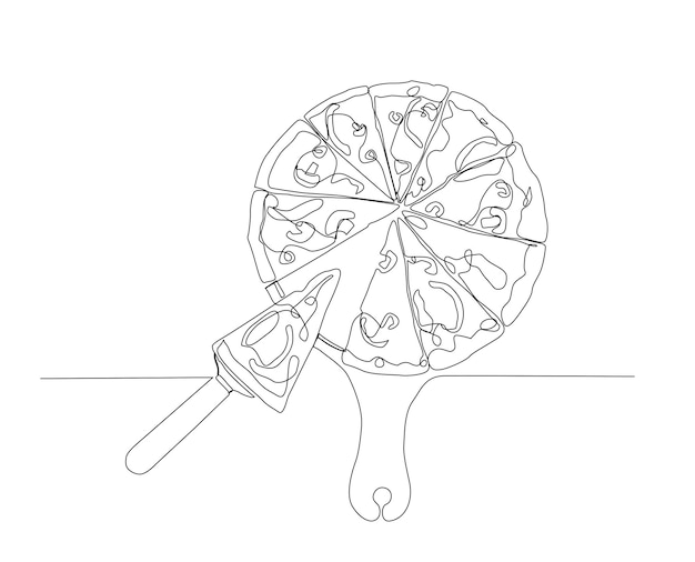 Desenho de linha contínua de pizza de pepperoni na arte de linha única de pizza de tábua de madeira