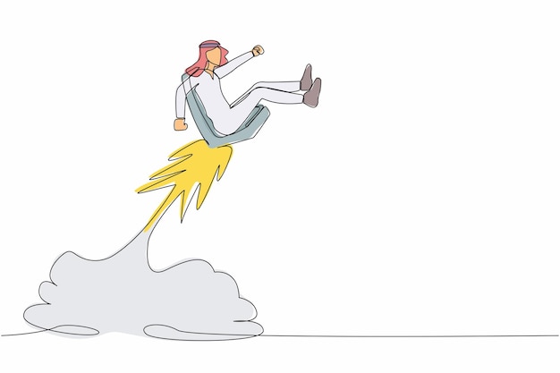 Desenho de linha contínua de um empresário árabe montando uma cadeira de escritório. Ilustração de foguete voando