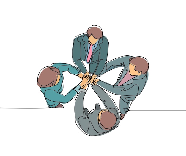 Desenho de linha contínua de um grupo de jovens empresários de mãos dadas Trabalho em equipe de negócios