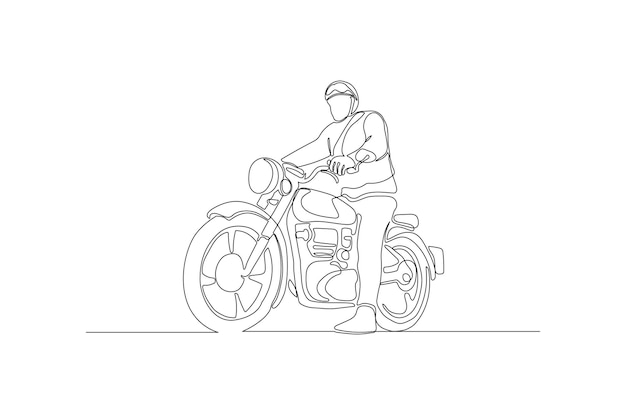 Desenho de linha contínua de um homem elegante com sua ilustração vetorial de motocicleta vetor premium