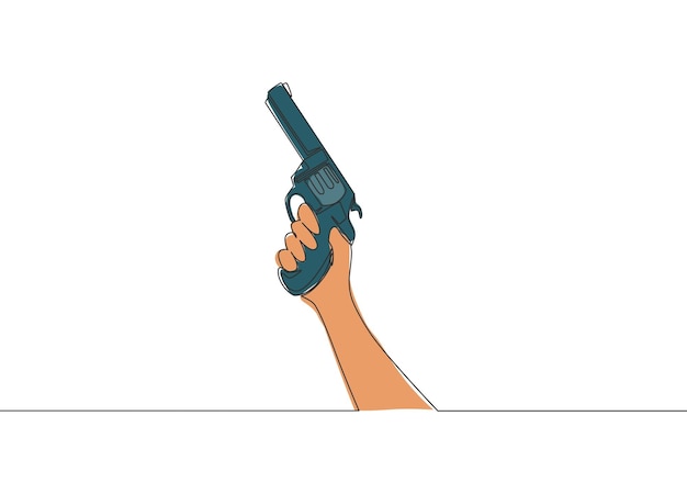 Desenho de linha contínua de um homem segurando uma arma de mão de revólver Conceito de arma de defesa Desenho em uma linha