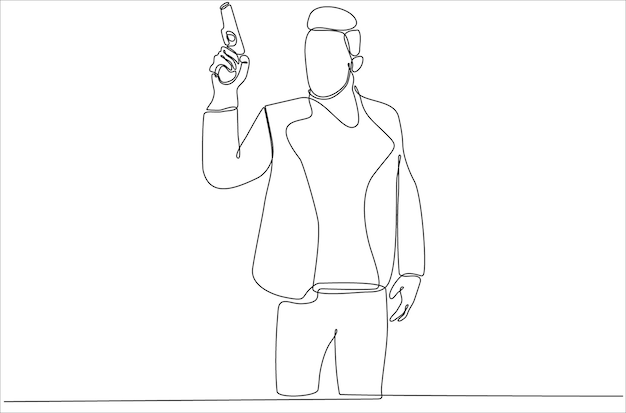 Desenho de linha contínua de um homem segurando uma arma ilustração vetorial premium vetor premium