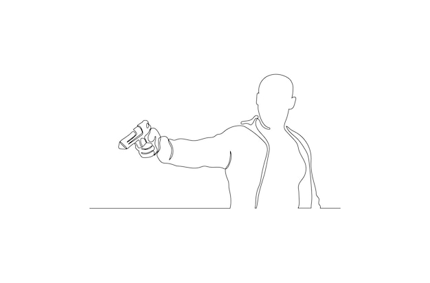 Vetor desenho de linha contínua de um homem segurando uma ilustração vetorial de armas vetor premium