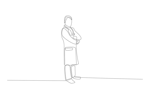Desenho de linha contínua de um médico homem na ilustração vetorial de terno de trabalho vetor premium