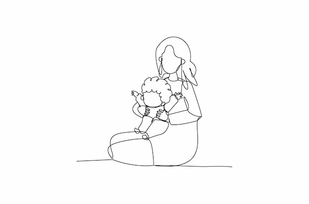 Desenho de linha contínua de uma mãe com seu bebê ilustração vetorial de família feliz vetor premium