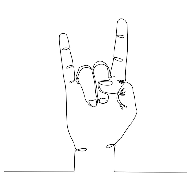 Desenho de linha contínua de uma mão com ilustração vetorial de símbolo de música rock
