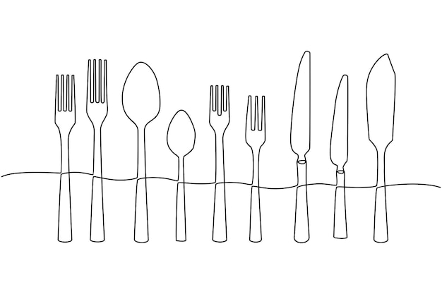Desenho de linha contínua de utensílios de mesa, colher, faca e garfo, ilustração vetorial