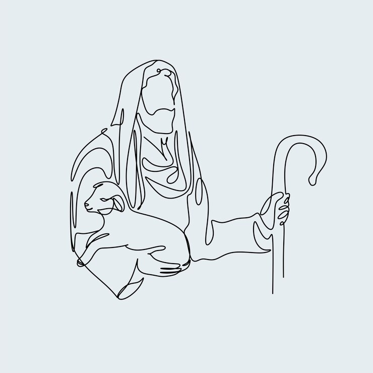 Vetor desenho de linha contínua do estilo linear de jesus cristo e cena cristã da bíblia desenhada à mão do filho o