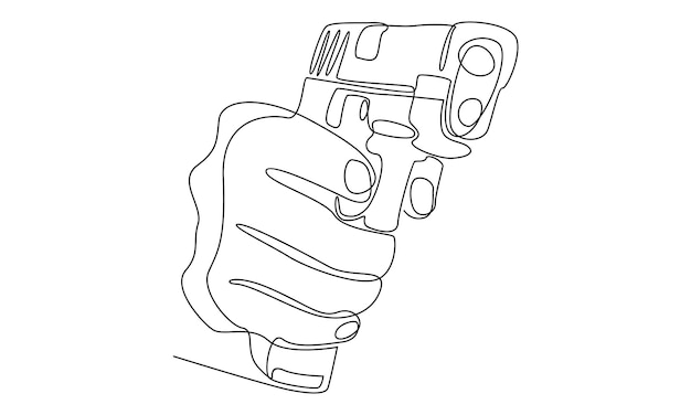 Desenho de linha contínua do homem segurando a arma de mão revólver