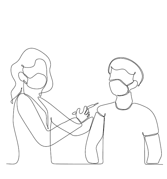 Desenho de linha contínua do médico injetando vacina no paciente