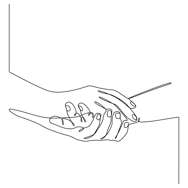 Desenho de linha contínua duas pessoas de mãos dadas apoiam a ilustração vetorial de conceito de tema