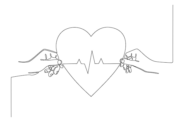 desenho de linha contínua mão segurando um coração com ilustração vetorial de conceito de saúde de linha ecg