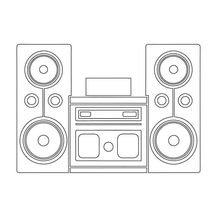 Vetor desenho de linha contínua minimalista de sistema de música com ilustração vetorial de alto-falantes