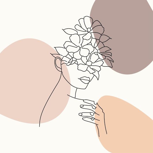 Desenho de linha contínua. retrato abstrato da mulher com flor. ilustração vetorial de arte de rosto de uma linha