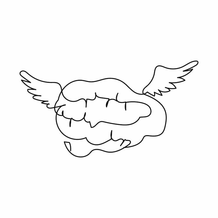 Vetor desenho de linha contínua única cérebro voador com asas modelo de design de logotipo logotipo de mente livre