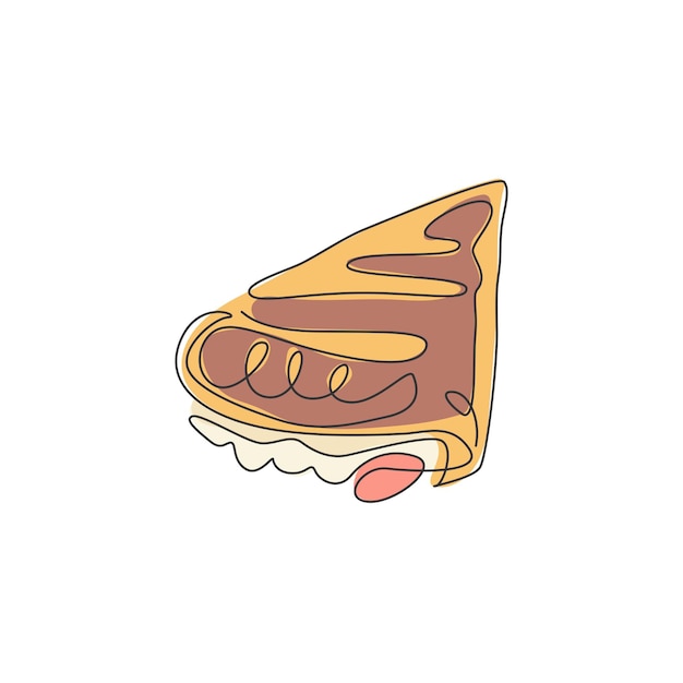 Desenho de linha contínua única de crepes crocantes estilizadas com logotipo de recheio de chocolate de molho de xarope