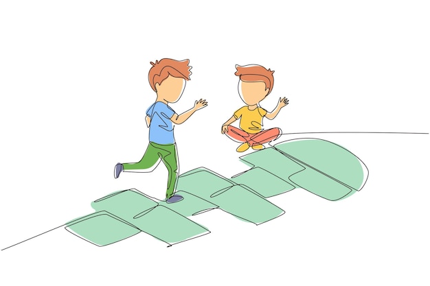 Vetor desenho de linha contínua única de dois meninos pequenos jogando hopscotch no quintal do jardim de infância crianças jogando hopscotch fora hop quintal escocês desenhado com giz um desenho de linha vetor de design gráfico