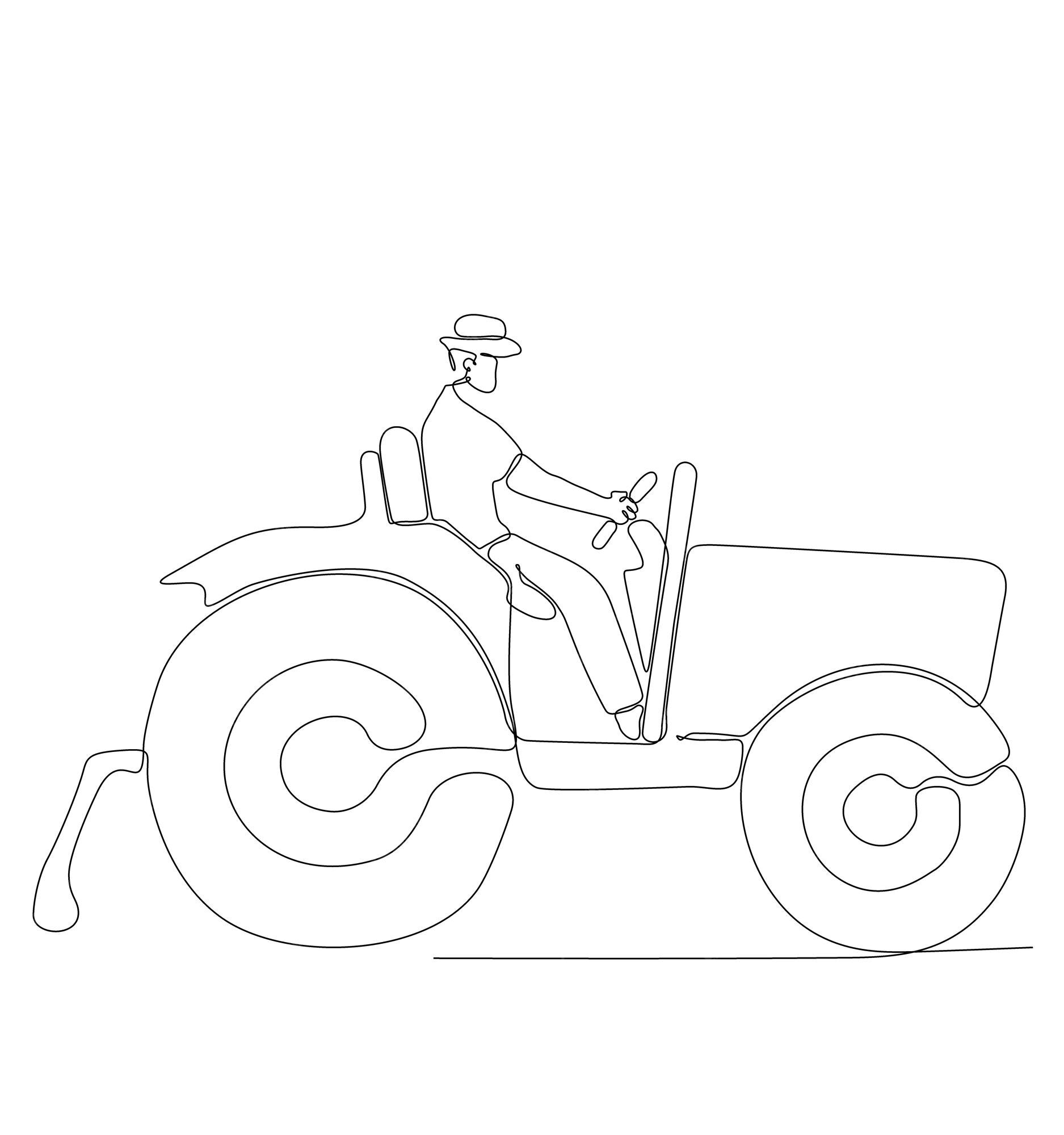 desenho de linha única contínua jovem agricultor dirige um trator para arar  os campos. iniciar um novo período de plantio. conceito de minimalismo  agrícola. dinâmica de uma linha desenhar ilustração em vetor