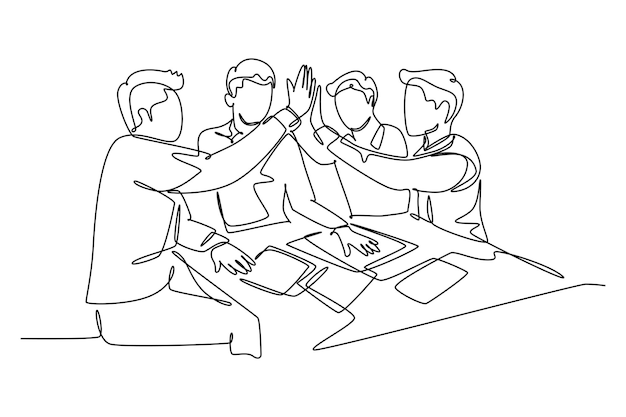 Desenho de linha contínua única de jovens empresários e empresárias comemorando seu objetivo sucessivo na reunião de negócios com gesto alto cinco uma linha desenhar ilustração vetorial de design gráfico