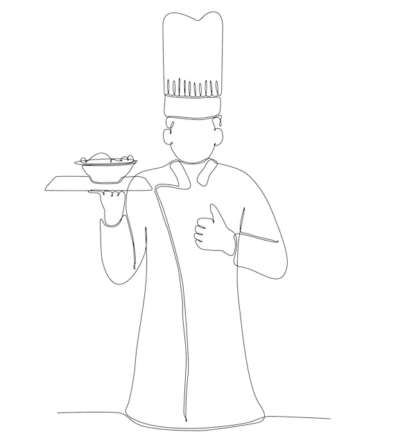 Desenho de linha contínua única do jovem chef masculino servindo comida no restaurante
