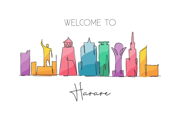 Desenho de linha contínua única horizonte de harare zimbábue famous city scraper vector de design de paisagem