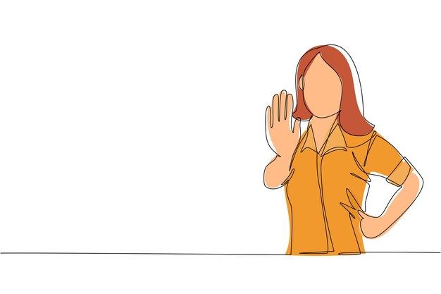 Desenho de linha contínua única jovem mulher de negócios mostrando a palma como um sinal de parada rejeição de permanência