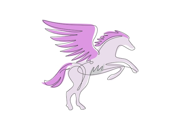 Vetor desenho de linha contínua única pegasus garanhão alado ícone de animal mítico logotipo de cavalo com asa