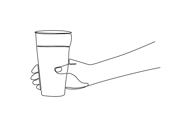Desenho de linha contínuo da mão segurando uma ilustração vetorial de vidro