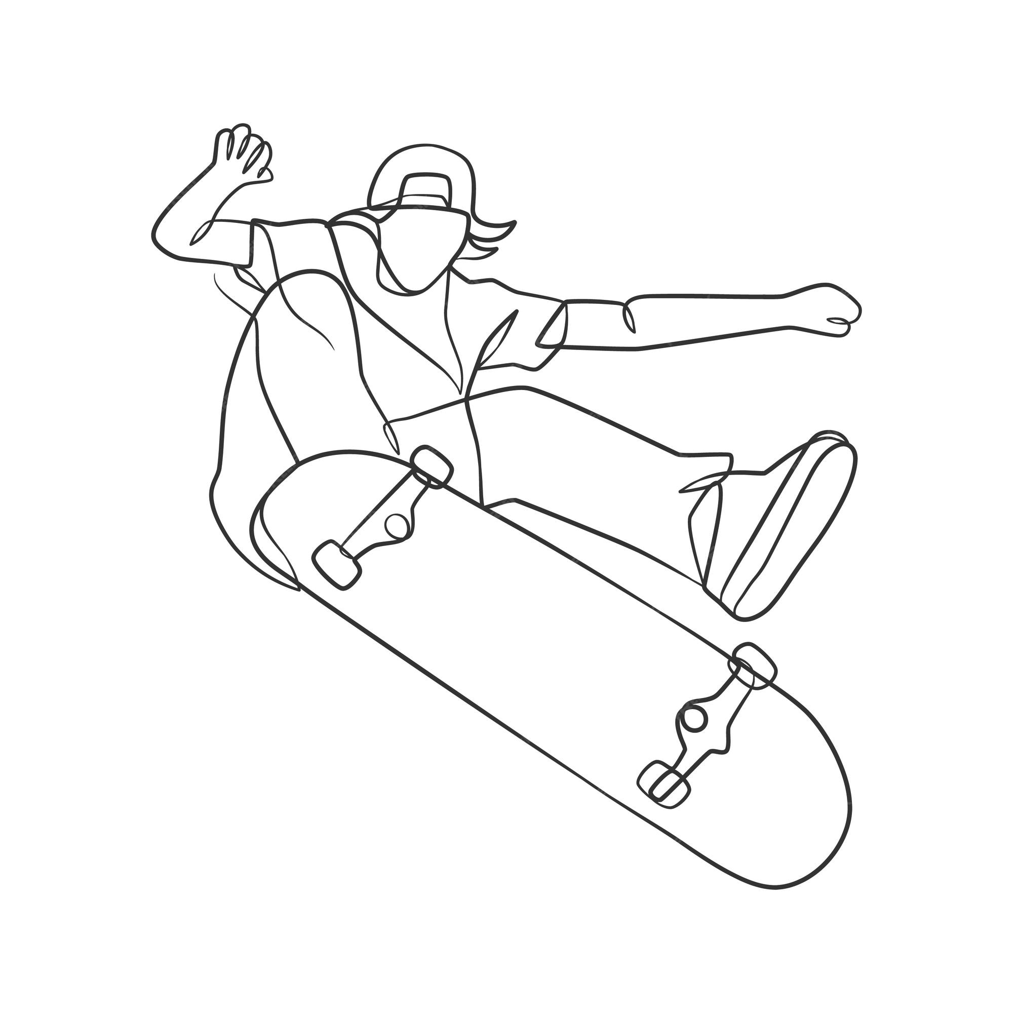 Desenho de linha contínuo de homem jogando skate jogador de jogo de skate  um desenho de linha