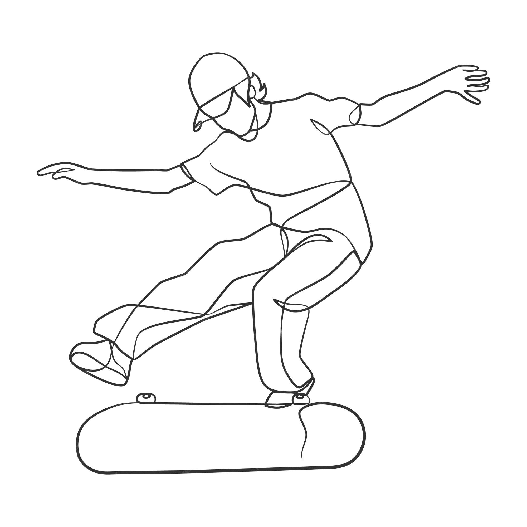 Desenho de linha contínuo de homem jogando skate jogador de jogo de skate  um desenho de linha