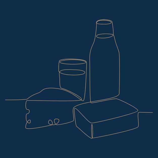 Desenho de linha contínuo de ilustração vetorial de menu de café da manhã com queijo e pão com leite