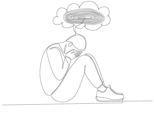 Vetor desenho de linha contínuo de jovem se sentindo triste e sofrendo de depressão vetor premium