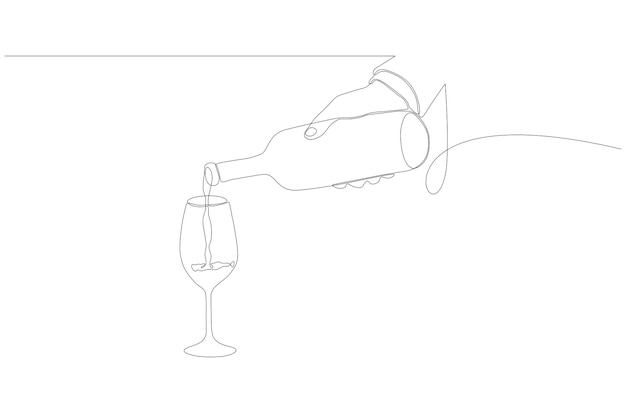 Desenho de linha contínuo de mãos derramando água de uma garrafa em um vetor de vidro vetor premium