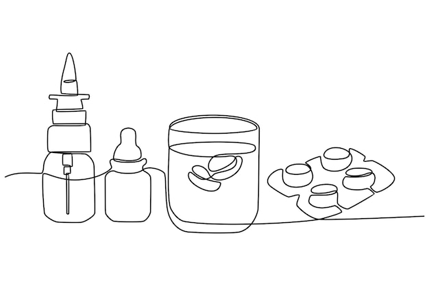 Desenho de linha contínuo de pílulas medicinais e ilustração vetorial de vidro