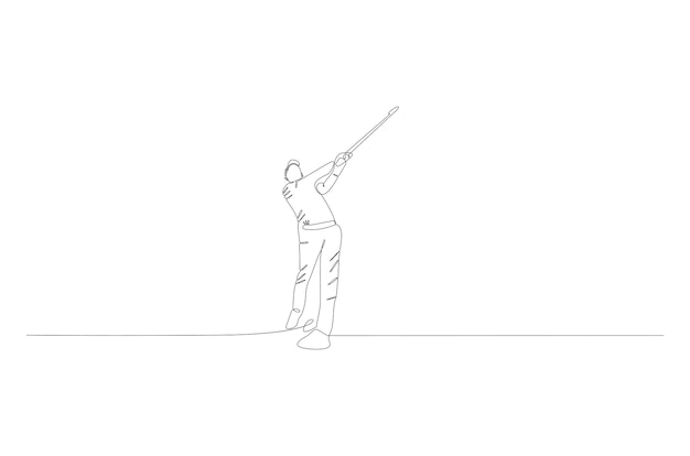 Desenho de linha contínuo de um jogador de golfe masculino se prepara para bater a bola em pleno andamento vetor premium