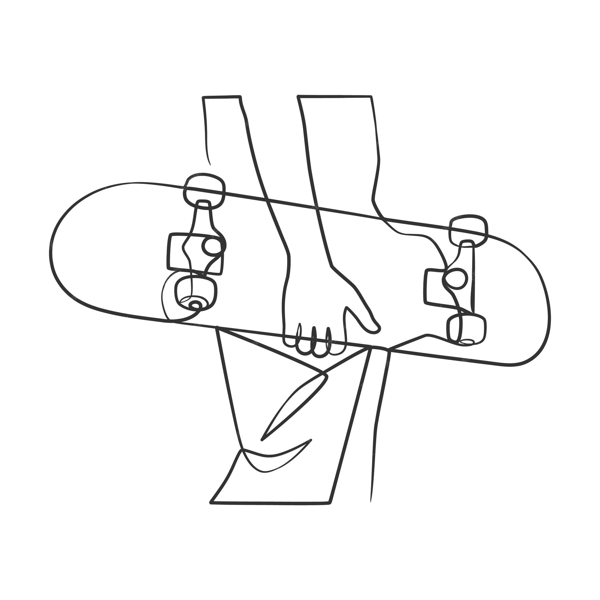 uma mão de jogador de desenho de linha contínua segura o skate através do  telefone celular.