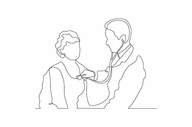 Desenho de linha contínuo que uma paciente está examinando pelo médico. ilustração vetorial vetor premium