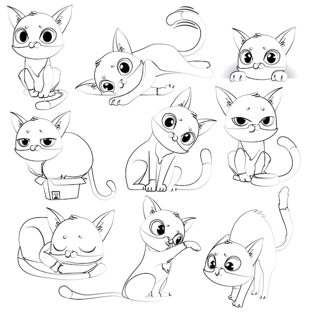 Vetor desenho de linha de gatos fofos