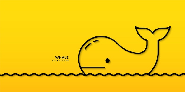 Desenho de linha mínimo de baleia fofa em fundo amarelo conceito de proteção contra poluição oceânica