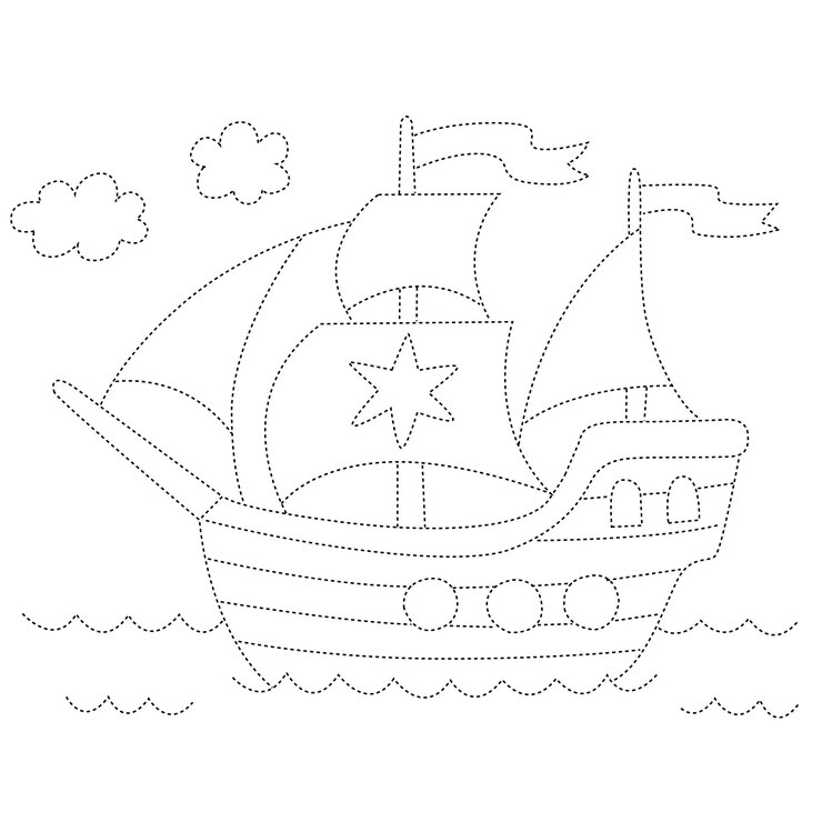 Vetor desenho de linha pontilhada de barco a vela prática desenho animado doodle kawaii anime página para colorir ilustração fofa